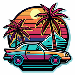 Palm trees sunset sea car sticker vector illustration