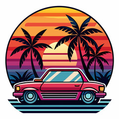 Palm trees sunset sea car sticker vector illustration
