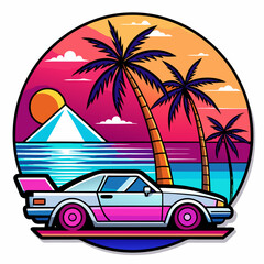 Palm trees sunset sea car sticker vector illustration
