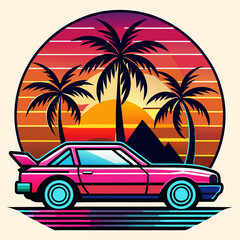 Palm trees sunset sea car sticker vector illustration