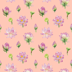 Pink lotus flowers, water lily. Watercolor illustration seamless pattern on peach background. For design and decor, fabrics, wallpaper, souvenirs