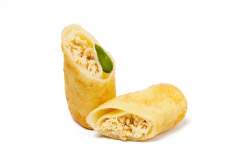 A traditional snack called Sosis Solo, featuring seasoned minced chicken wrapped in a thin flour dough and deep-fried, photographed against a white background.