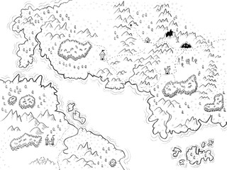 Fantasy map black and white. Forests, meadows, fields, towers and roads for design, banners, coloring, games