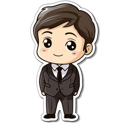 A cute cartoon character of a man in a suit, smiling and standing confidently.