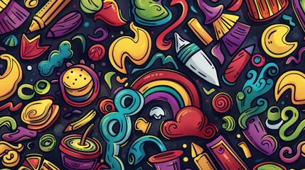 Abstract Colorful Doodle Pattern with Rainbow and Art Supplies