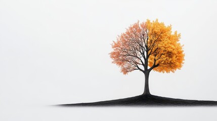 A solitary tree with vibrant autumn leaves, symbolizing change and nature's beauty against a clean white background.