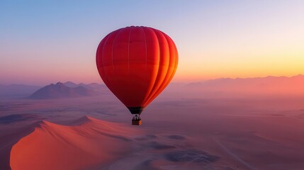 Obraz premium A vibrant red hot air balloon floating gracefully at sunset over stunning dunes, capturing the essence of adventure and serenity.