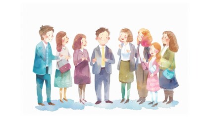 Obraz premium Lively business meeting with Cartoon animated discussions among colleagues, watercolor style lends a creative and artistic feel, enhancing sense of innovation and collaboration within team.