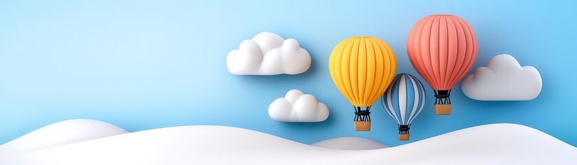 Obraz premium Colorful hot air balloons floating in a clear blue sky with fluffy clouds, creating a joyful and serene landscape.
