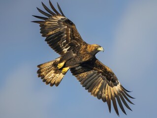 Obraz premium An eagle in full flight, with wings spread wide, glides over a mountainous landscape. The scene captures the bird's elegance and strength, symbolizing freedom and natural beauty.