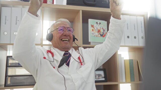 Elderly man with grey hair celebrating with raised arms wearing headphones and a stethoscope in a clinic interior with bookshelves in the background.