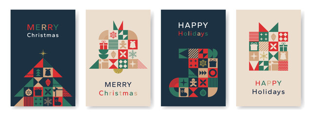 Christmas card in modern minimalist geometric style. Straight Christmas background with geometric patterns, snowflakes, gifts and abstract elements