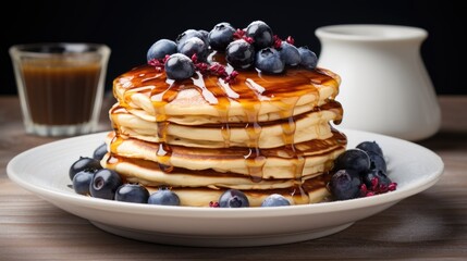 Stack of pancakes with maple syrup and blueberries