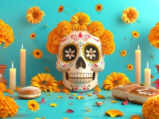 Sugar skull in Catrina style, surrounded by marigold flowers, candles, and Pan de Muerto, sunny day, 3D style, flat design illustration