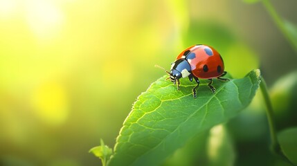 Naklejka premium A ladybug sitting on top of a green leaf