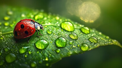 Fototapeta premium Glistening droplets of water adorn a vivid green leaf as a red ladybug ventures across its lush surface