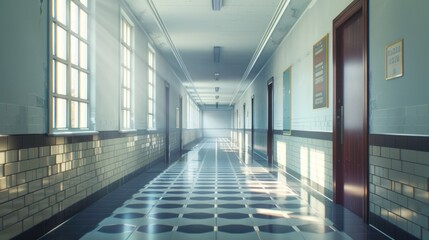 Obraz premium Sunlit School Hallway with Tiled Floor and Doors