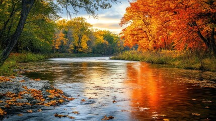 Obraz premium Autumn River with Vibrant Foliage