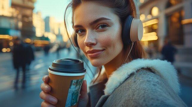 Young Woman Enjoying Coffee and Music with Headphones in a Vibrant Urban Setting