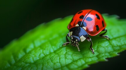 Fototapeta premium Macro shot of a ladybug crawling on a fresh green leaf, highlighting the vivid red and black spots, insect, peaceful garden moment 