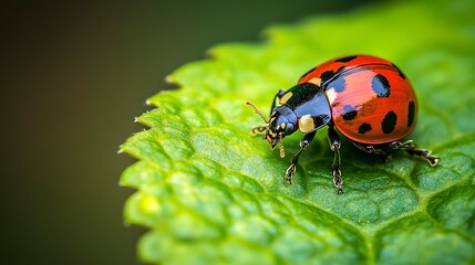 Obraz premium Macro shot of a ladybug crawling on a fresh green leaf, highlighting the vivid red and black spots, insect, peaceful garden moment