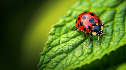 Fototapeta premium Macro shot of a ladybug crawling on a fresh green leaf, highlighting the vivid red and black spots, insect, peaceful garden moment