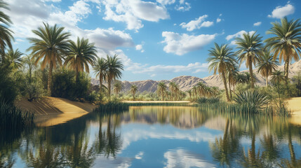 Fototapeta premium A quiet and peaceful oasis in a desert landscape, where the calm water reflects the clear blue sky and green palm trees line the shores.