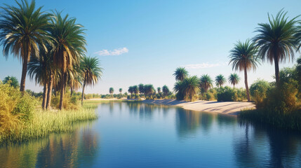 A quiet and peaceful oasis in a desert landscape, where the calm water reflects the clear blue sky and green palm trees line the shores.