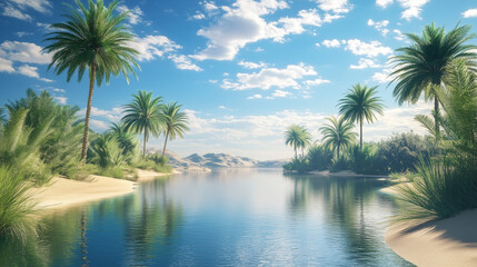 A quiet and peaceful oasis in a desert landscape, where the calm water reflects the clear blue sky and green palm trees line the shores.