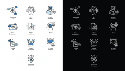 Fototapeta premium Ethical AI and Fairness Icon Set: Vector Line Icons for Responsible AI Practices and Guidelines. Editable Stroke and Colors.
