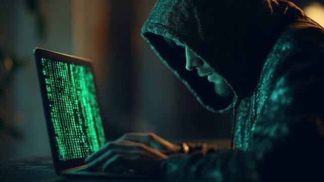 Hacker in Dark Room Typing on Laptop with Green Code on Screen, Cybersecurity Concept, Anonymous Person in Hoodie