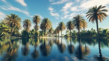 Obraz premium A beautiful landscape of an oasis, where the calm waters reflect the green palm trees spreading out under a bright blue sky.