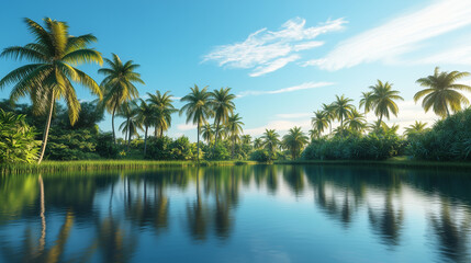 Fototapeta premium A beautiful landscape of an oasis, where the calm waters reflect the green palm trees spreading out under a bright blue sky.