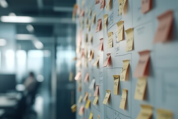 Strategic Planning and Organization in a Busy Office: Whiteboard Filled with Sticky Notes