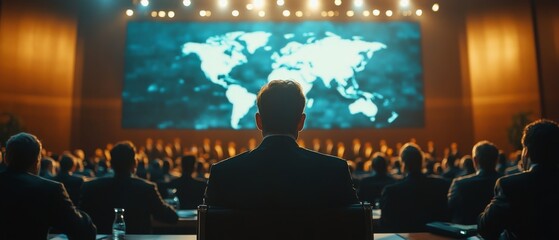 Business Conference with Global Map Display and Attendees in Auditorium, Professional Event, Corporate Meeting