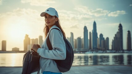 Fototapeta premium Young Woman in Casual Clothing with Backpack and Cap in Modern Urban Cityscape at Sunset