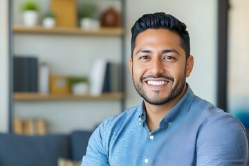 Obraz premium Confident Indian Hispanic Man Smiles in Modern Home Office
