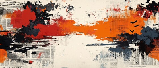 Abstract Halloween-Themed Mixed Media Artwork with Newspaper Background and Bold Colors