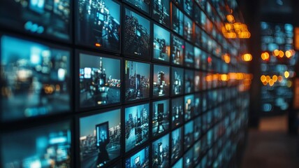 Wall of Digital Screens Displaying Various Cityscapes and Urban Scenes in a Modern High-Tech Environment