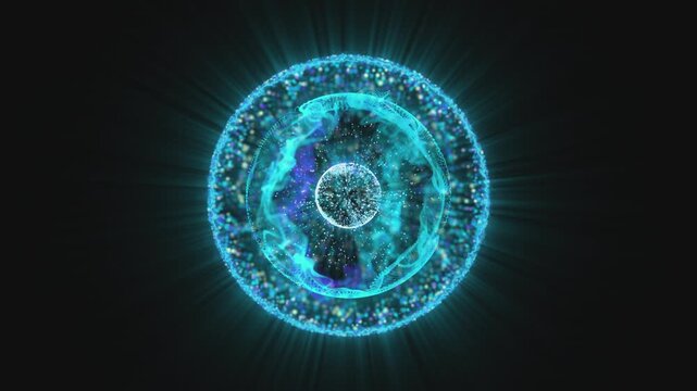 Abstract looped dynamic 3in1 blue energetic sphere with magically glowing particles and waves on black background, video in 4K