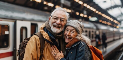 Fototapeta premium Portrait of happy pensioners on the station platform, next to the train. An elderly couple travels by train by rail