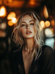 Portrait of a Young Woman with Blonde Hair in a Dimly Lit Room with Warm Ambient Lighting