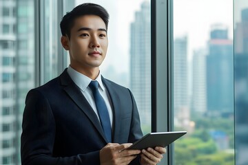 Elegant Asian Business Professional Holding Tablet at Office Window Analyzing Financial Data and