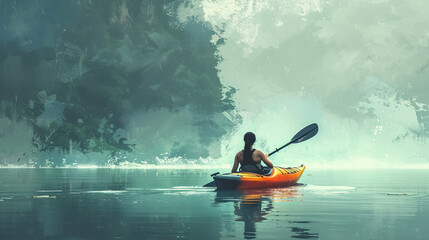 Young Woman Kayaking in the Picturesque Lake: A young woman kayaking on a picturesque 