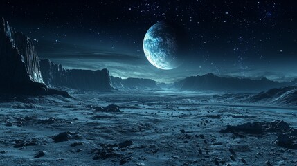 Fototapeta premium Alien Planet Landscape with a Blue Moon and Stars.