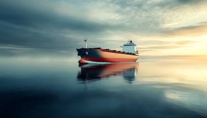 Naklejka premium Cargo Ship Sailing on Calm Waters at Sunset