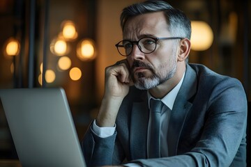 Serious Mature Businessman Using Laptop Considering Financial Strategy