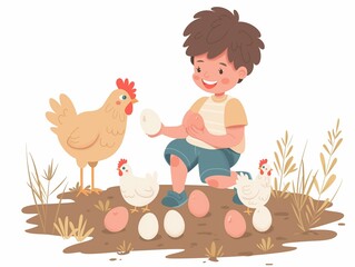 Obraz premium Child picking chicken eggs illustration. AI generated