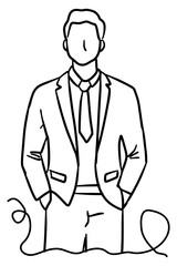 black and white hand drawn minimalist line art black and white businessman standing with his hands in his pants pockets