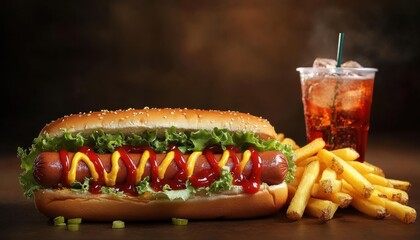 Fresh hot dog with ketchup and mustard, crispy fries, and a cold beverage on a wooden table